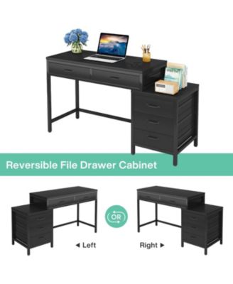 Computer Desk with 5 Drawers, Home Office Desks with Reversible Drawer Cabinet Printer Stand, Rustic Study Writing Table Workstation