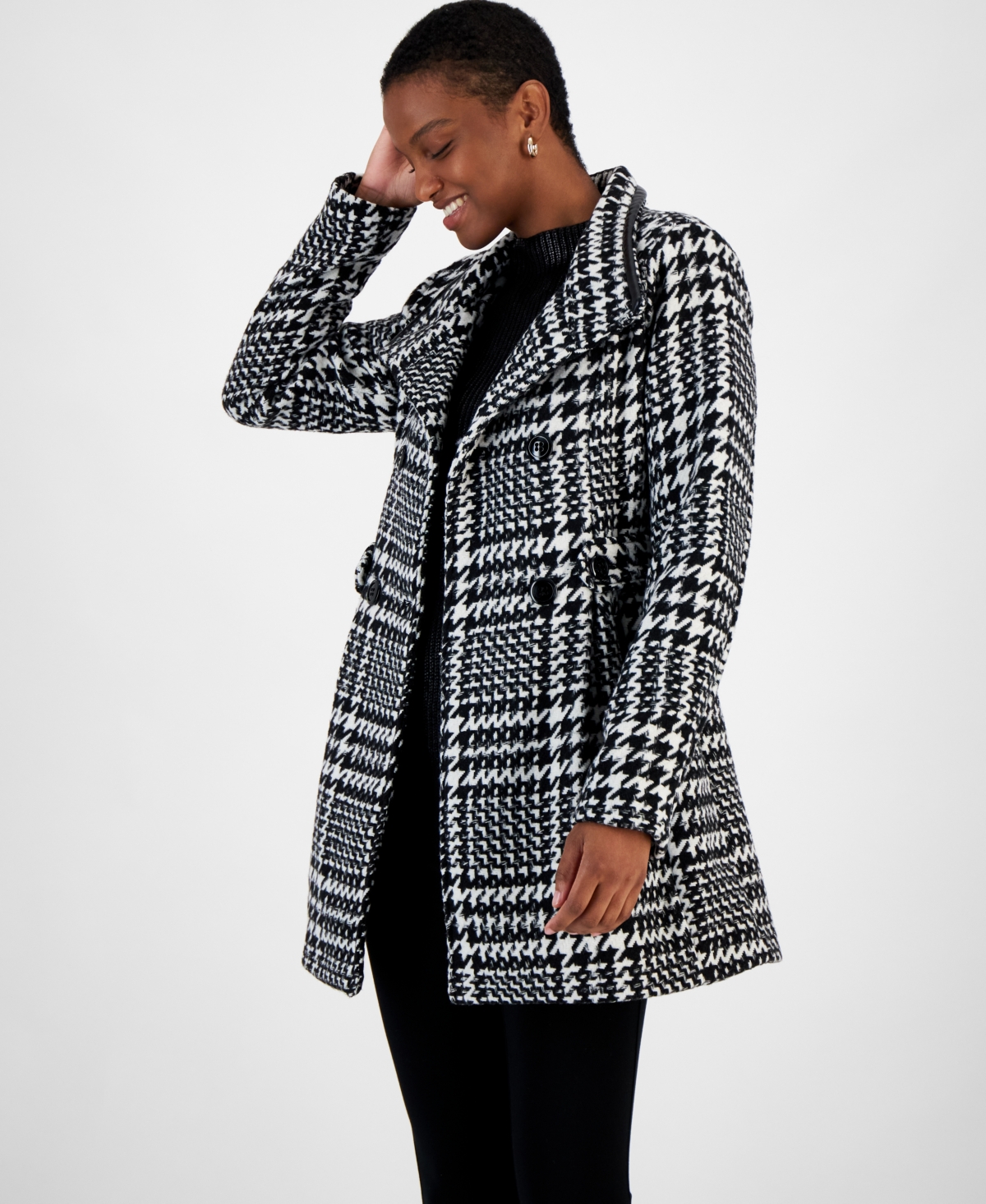 Bcx Juniors' Houndstooth Double-Breasted Belted Coat -White