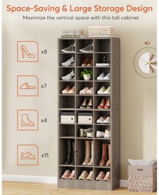 10-Tier Shoe Storage Cabinet, Gray Wooden Shoe Rack with 30 Cubbies, Freestanding Tall Entryway Shoe Organizer