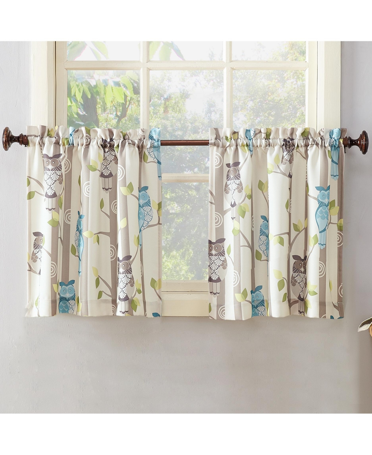 Hoot Owl Print Semi-Sheer Rod Pocket Kitchen Curtain Tier Pair