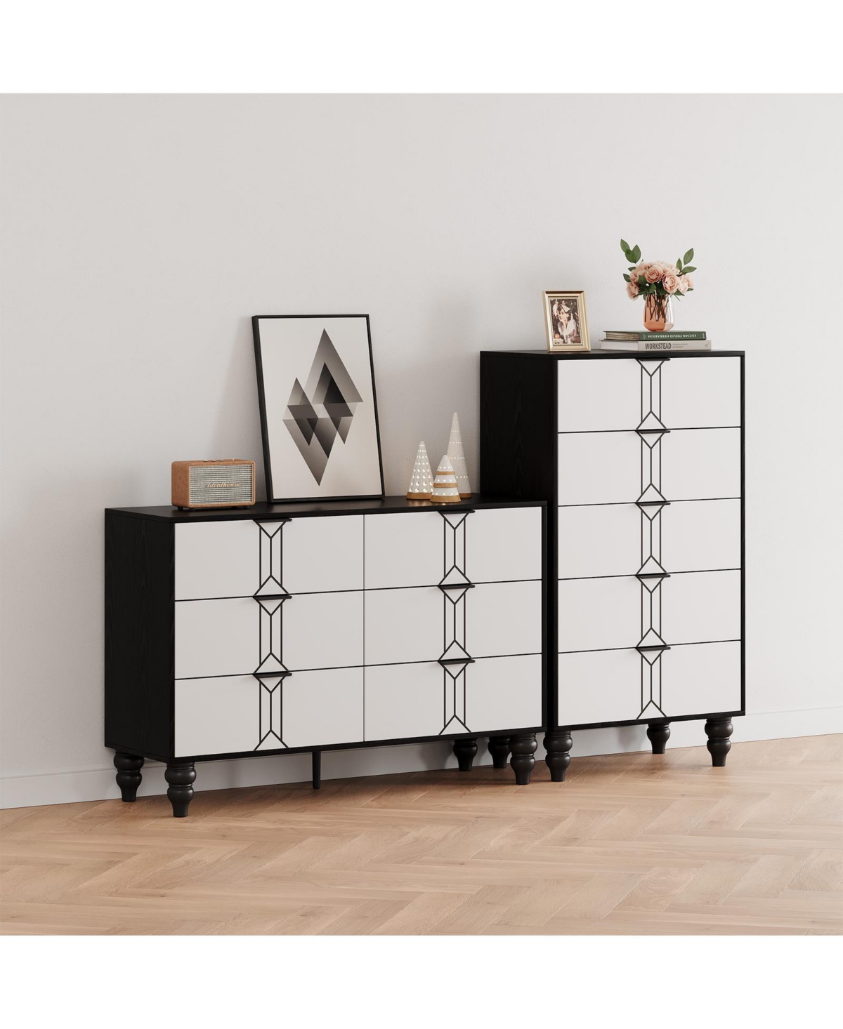 gaomon 6 Drawer Dresser with Deep Drawers for Bedroom, Modern Wooden Chest Dresser with Deep Drawers with Vintage Pattern Design, Metal Handle, Black