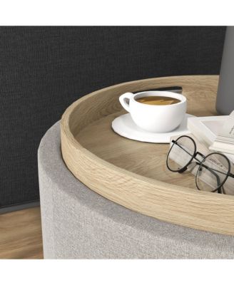 Round Storage Ottoman Coffee Table with Flip Top Tray, Gray