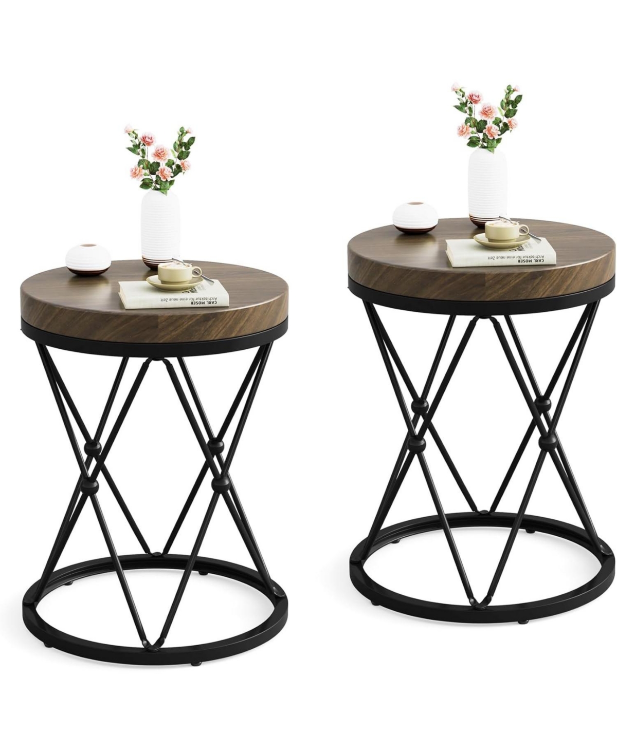 Tribesigns Round End Table, Modern Side Table Small Accent Nightstand with Metal Frame, Wooden Circle Bedside Table for Living Room Sofa Couch, Be