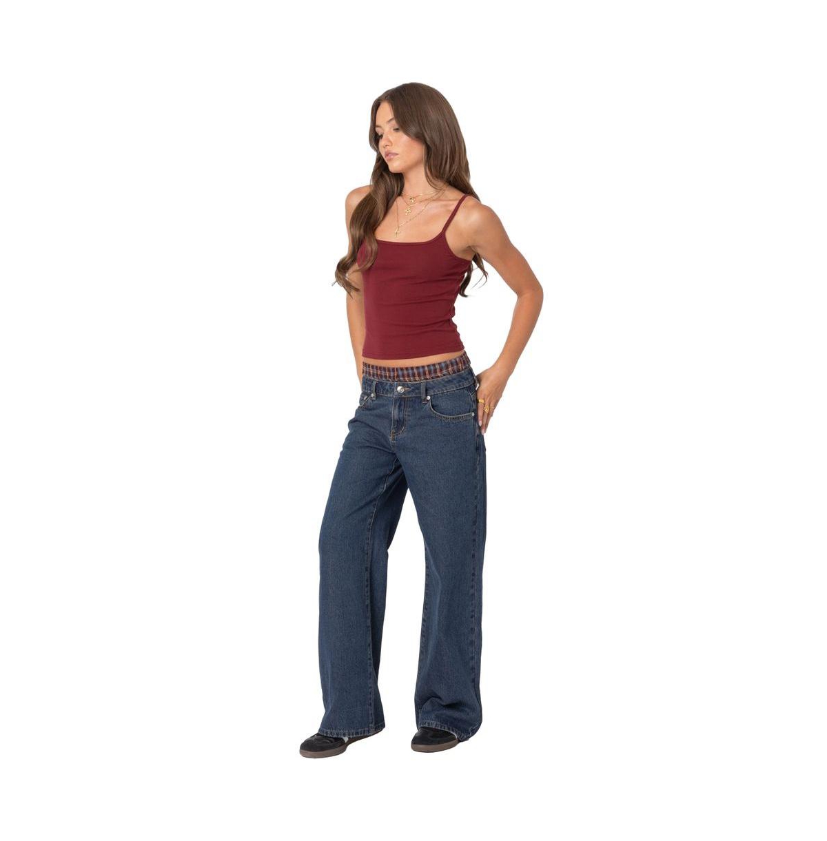 Edikted Women's Plaid Boxer Detail Relaxed Jeans