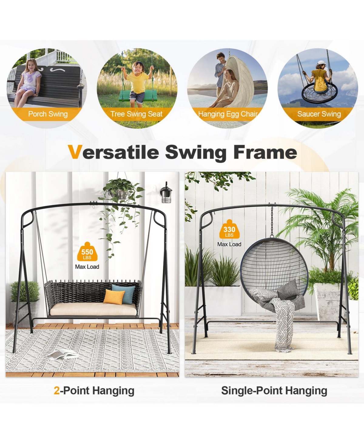 Givimo Outdoor Metal Swing Frame with Extra Side Bars-Black