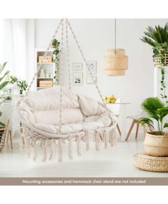Swing Chair Hand-Woven Rope Hanging Chair with Thick Cushion & Folding Metal Frame