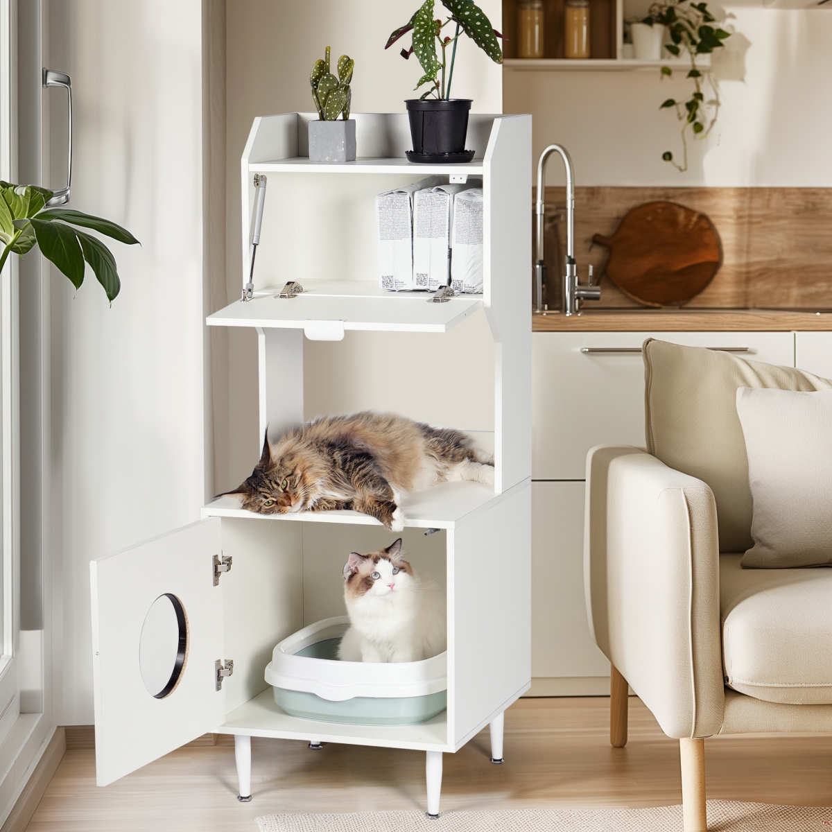 Streamdale Furniture White Wooden Cat Litter Enclosure with Shelves and Doors - White+vintage