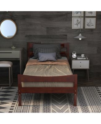 Twin Size Platform Bed Frame Foundation w/Headboard &Wood Slat Support Walnut