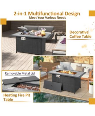 52 Inch Rattan Wicker Propane Fire Pit Table with Rain Cover and Lava Rock-Black