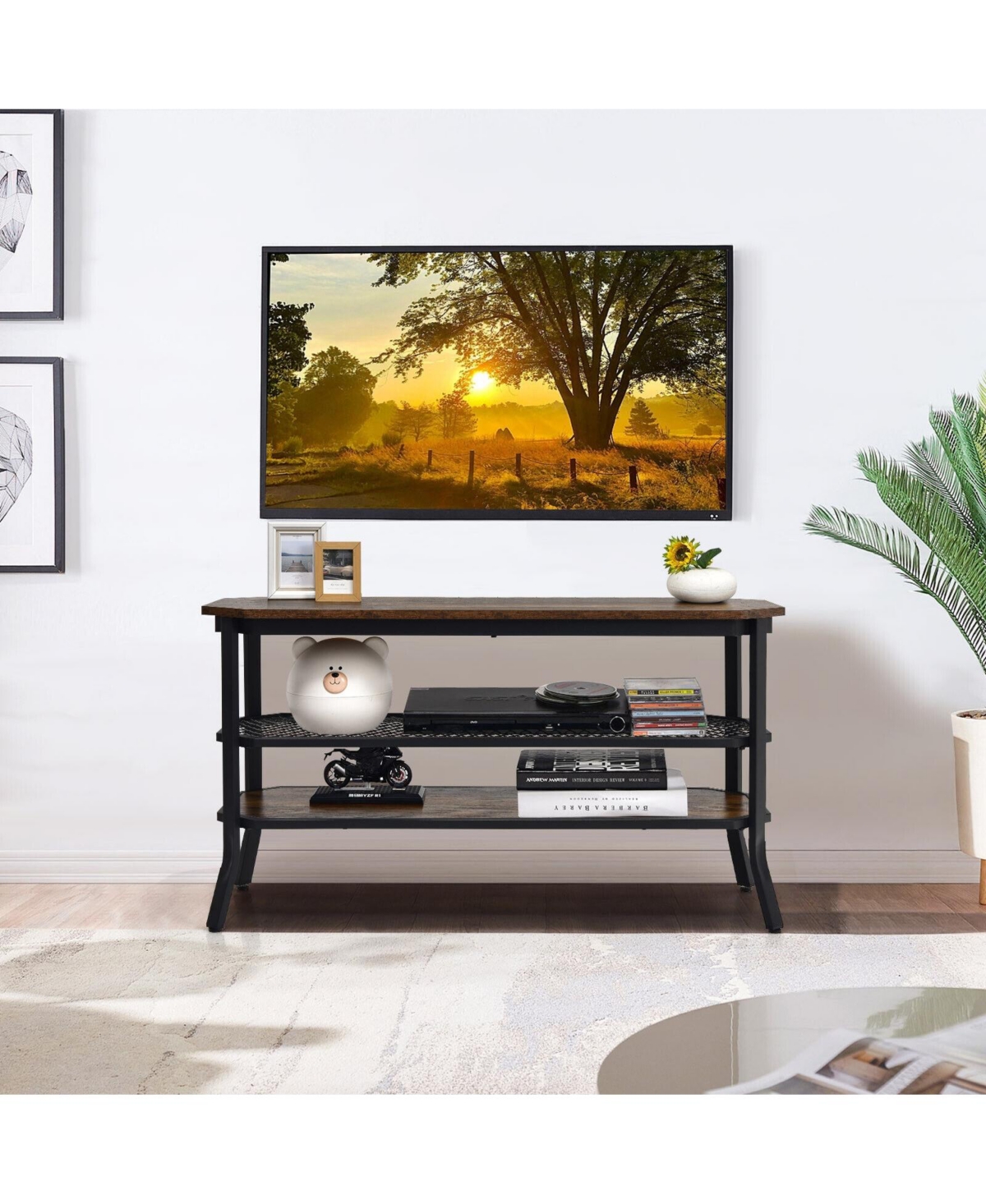 Sugift 3-tier Console Table Tv Stand with Mesh Storage Shelf-Rustic- Brown