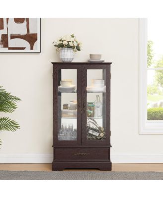 Simplie Fun Lighted Glass Curio Cabinet, Adjustable Shelves, 2 Doors, Drawer, Bulb, Cherry