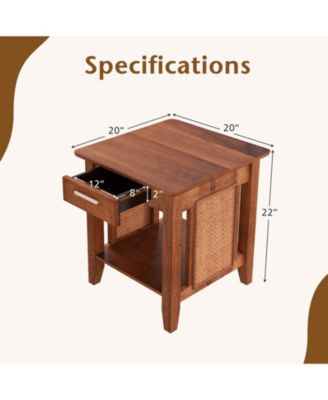 Rattan Nightstand End Table with Drawer and Storage Shelf-Walnut