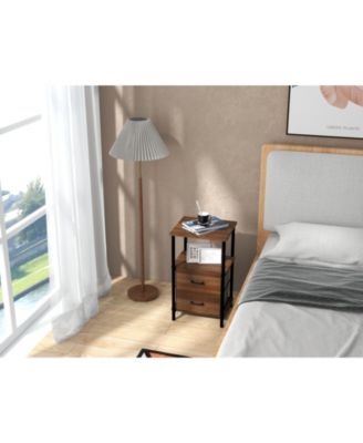 3-Tier Retro Nightstand with 2 Removable Fabric Drawers and Open Shelf-Walnut