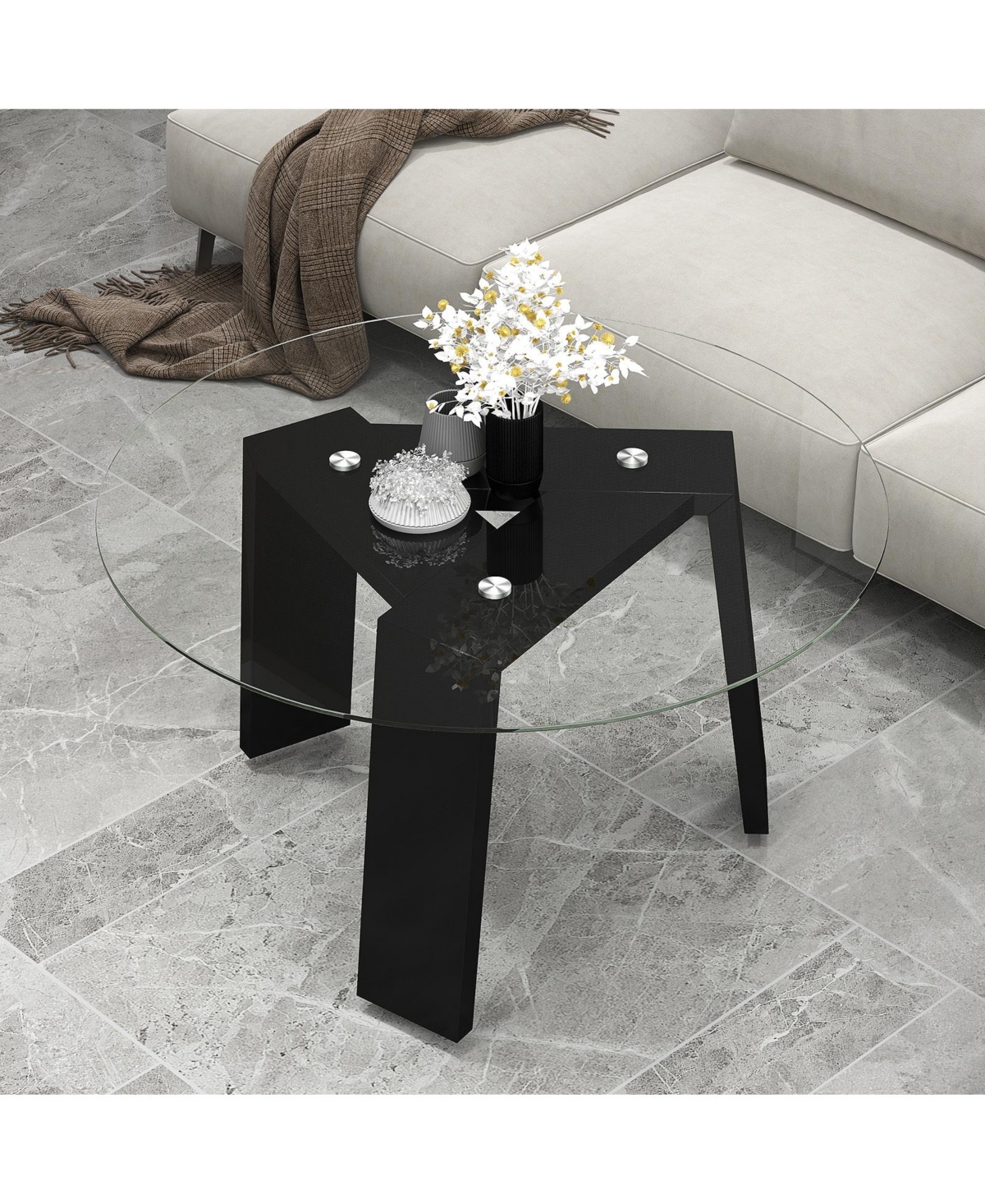 Skonyon 29.5 Inch Round Glass Coffee Table with Solid Rubber Wood Legs for Living Room Home Office Space- Black