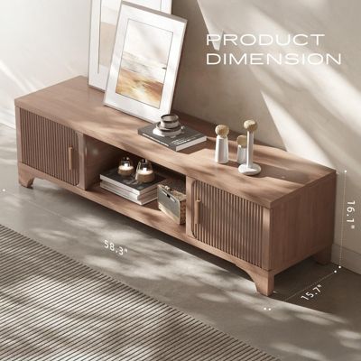 58" Mid Century Modern Fluted TV Stand for 55-65 Inch Television, Media Console with Soft-Close Doors and Storage Shelves