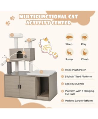 2-in-1 Modern Cat Tower with Litter Box Enclosure for Indoor Cars-Gray