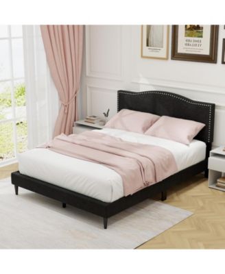 Queen Size Upholstered Bed Frame with Nailhead Trim Headboard-Queen Size