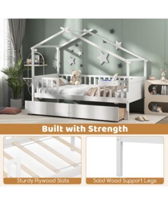 Twin House Bed with 2 Storage Drawers and Roof & Fence Rails-White
