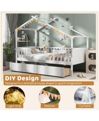 Twin House Bed with 2 Storage Drawers and Roof & Fence Rails-White