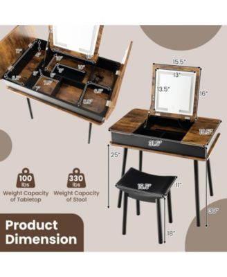 Vanity Table Set with Flip Top Mirror Lights USB Writing Desk and Stool-Brown
