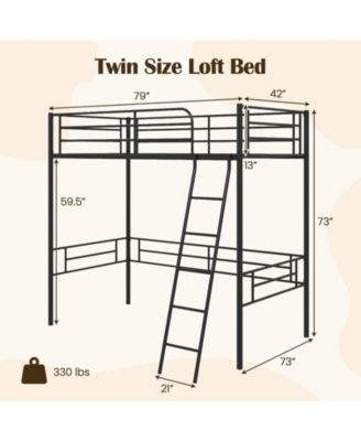 Twin Metal Loft Bed Frame with Ladder and Metal Slats Support-Black