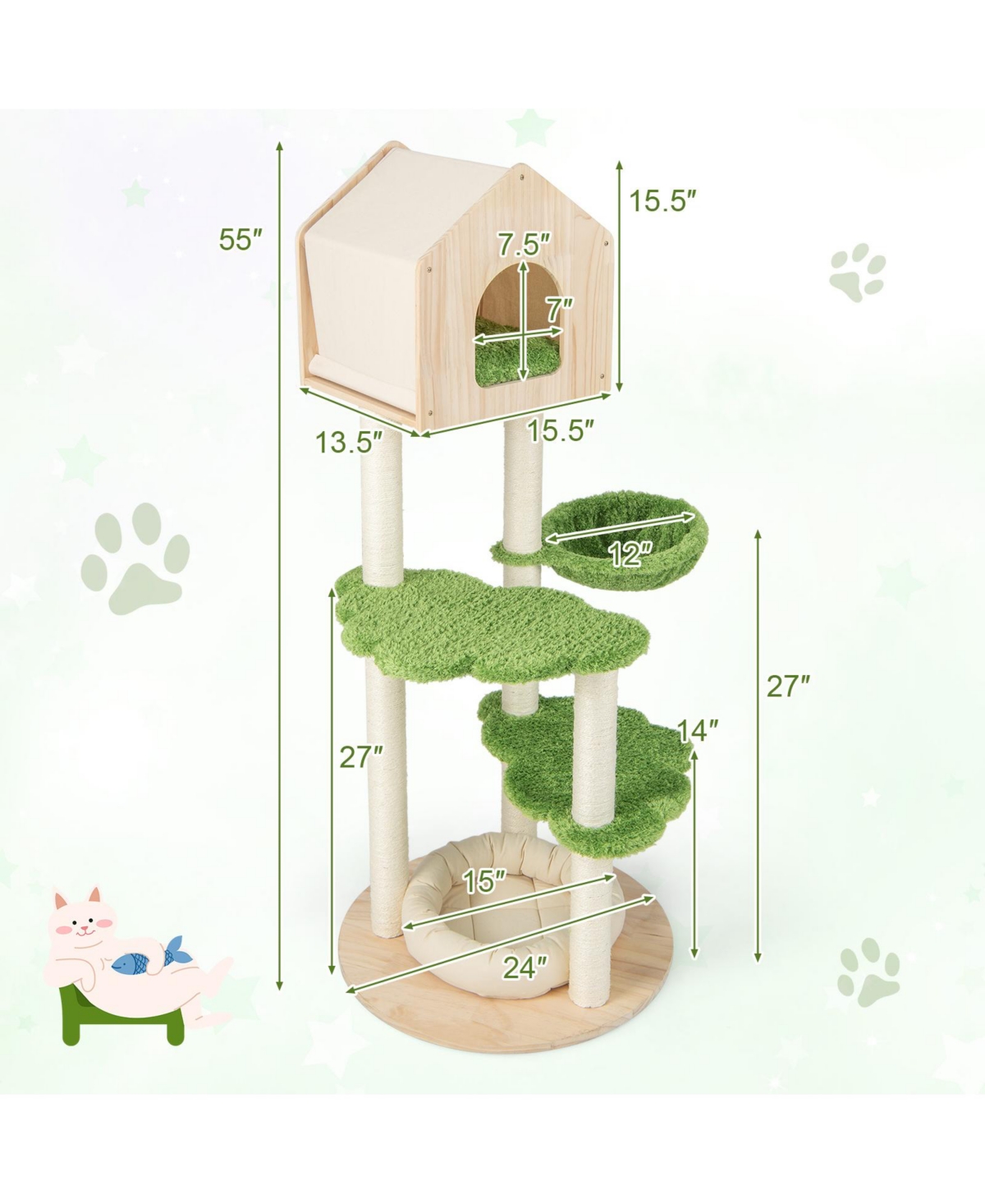 Skonyon Tall Cat Climbing Stand with Sisal Scratching Posts and Soft Cat Bed for Indoor Kittens- Green