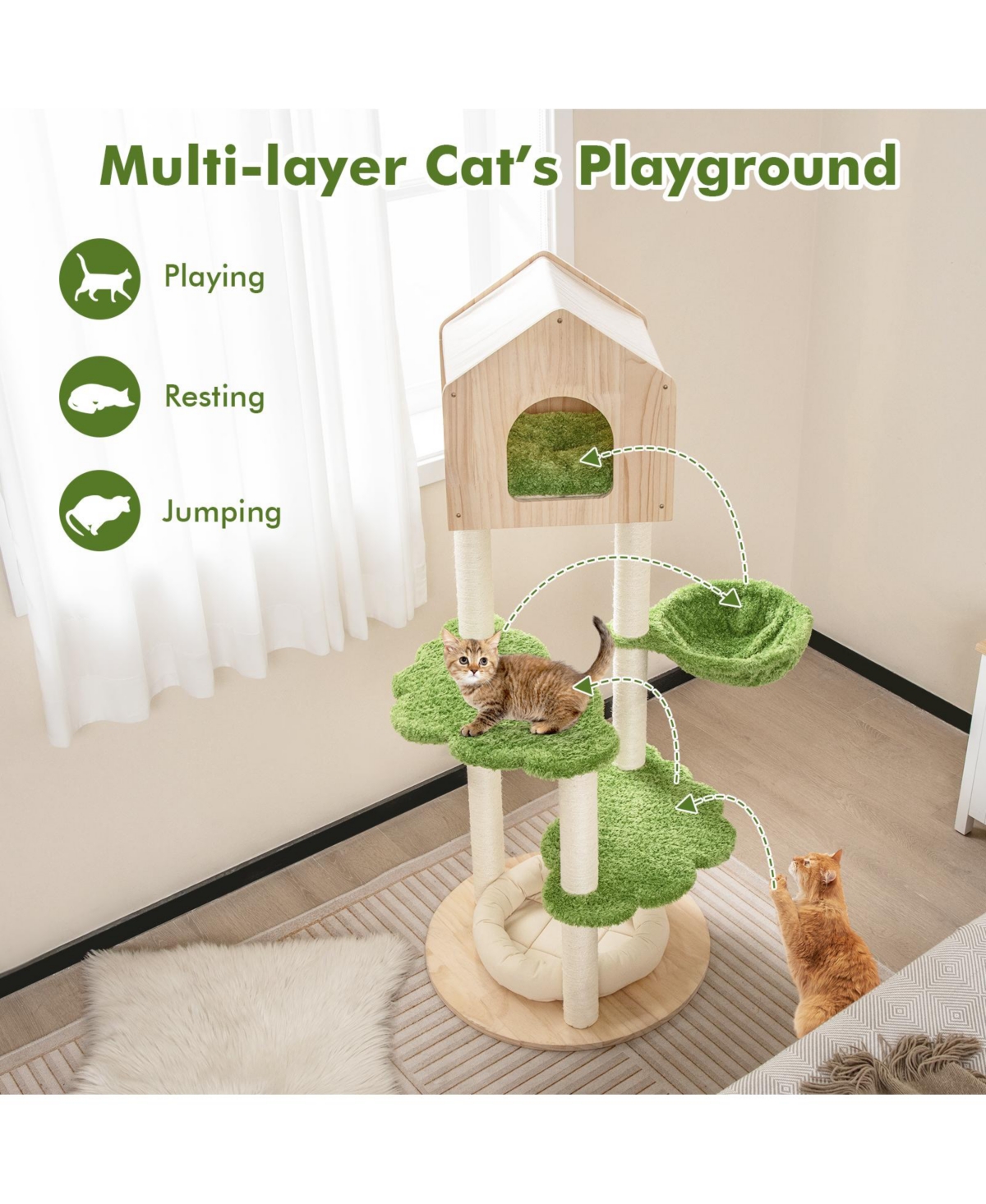 Skonyon Tall Cat Climbing Stand with Sisal Scratching Posts and Soft Cat Bed for Indoor Kittens- Green