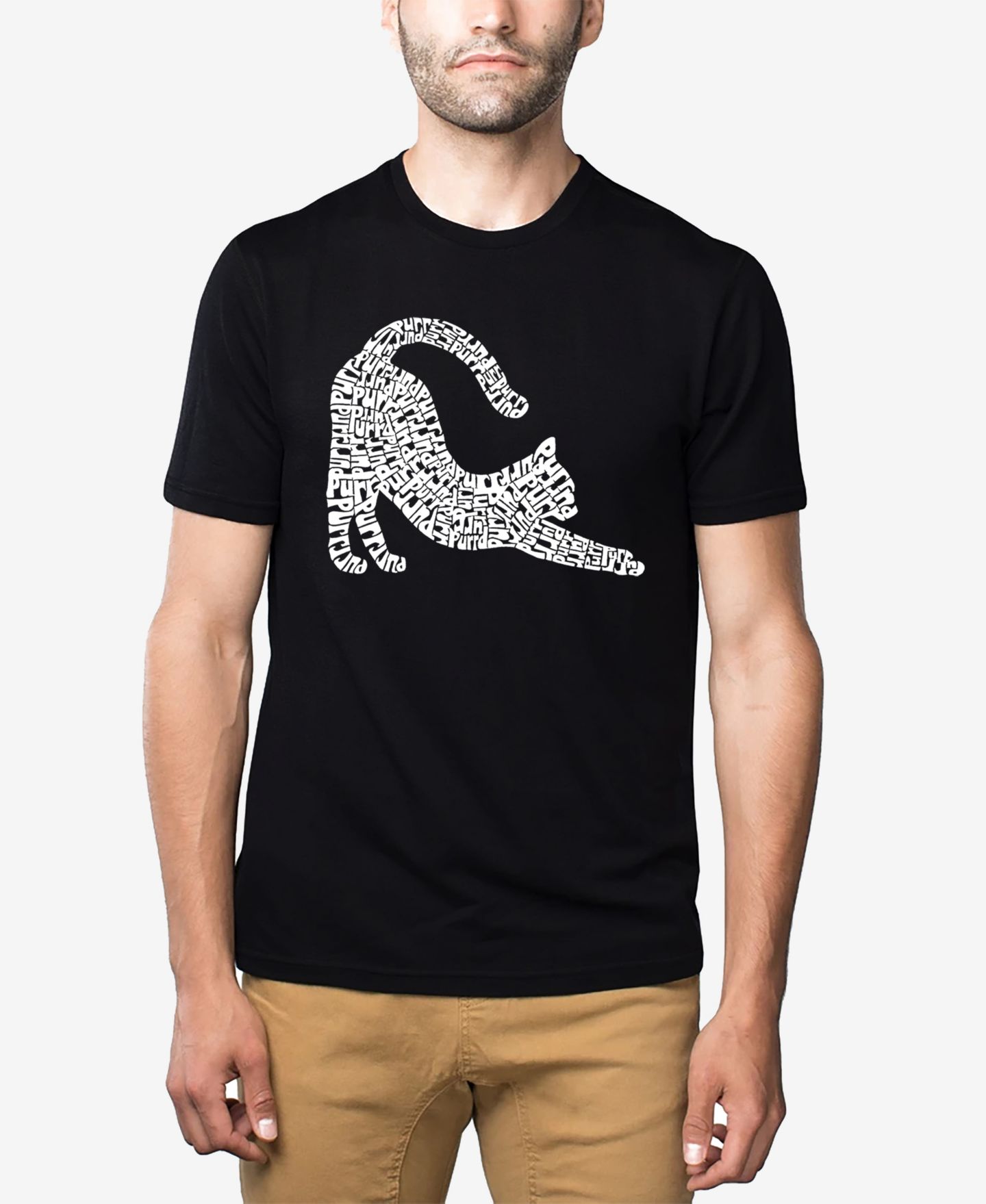 Мужская футболка LA Pop Art Cotton/Poly Blend Word Art - Stretching Cat, цвет: Чёрный — фото 1
