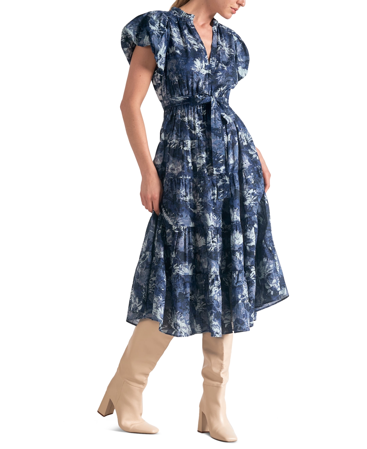 Elan Women's Cotton Printed-Voile Tie-Waist Midi Dress