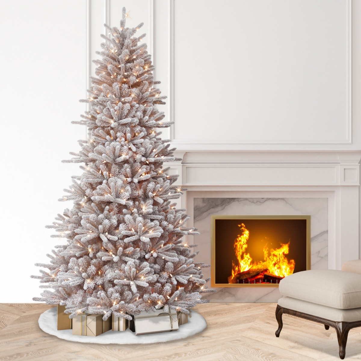 Puleo 7.5-ft. Snowy Bennington Fir Tree With 500 Clear Lights & Stand In Brown