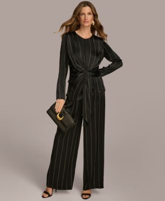 Pinstripe Satin Tie Front Shirt Wide Leg Pants