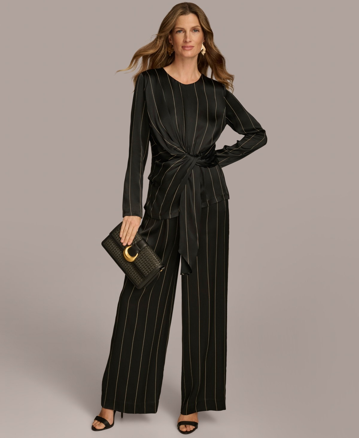 Donna Karan New York Women's Pinstripe Satin Tie-Front Blouse -Ivory