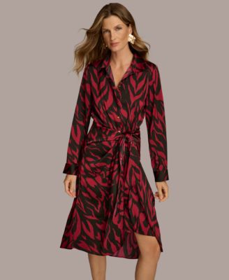 【Donna Karan New York】Printed Tie-Waist A-Line Dress Donna Karan New York Women's Printed Tie-waist V-neck A-line