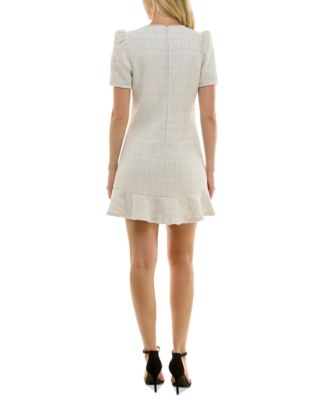 Juniors' Puff-Sleeve Ruffle Hem A-Line Tweed Dress