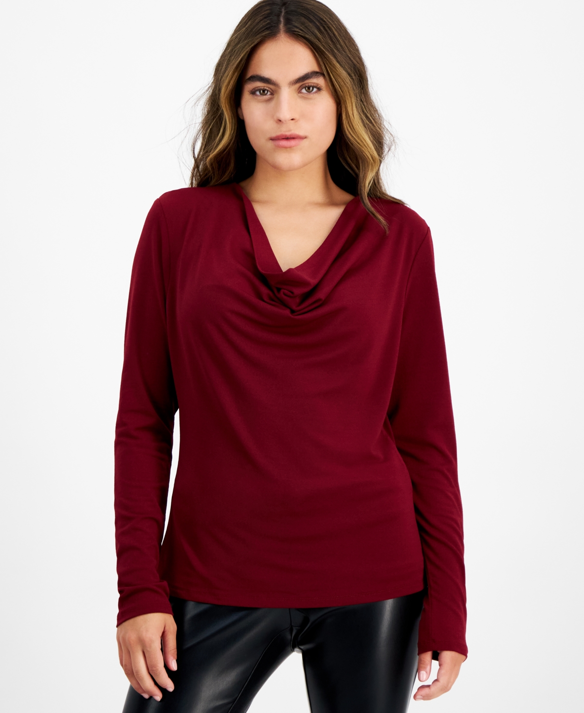 Bar Iii Petite Long-Sleeve Knit Cowlneck Top, Created for Macy's