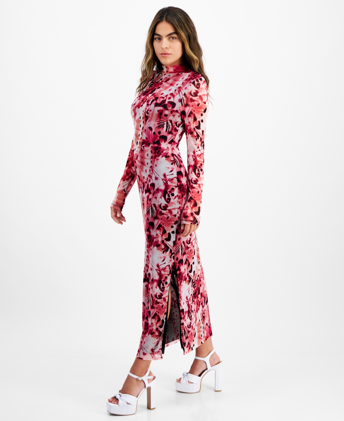 Bar Iii Petite Printed Mesh Mock-Neck Midi Dress, Created for Macy's