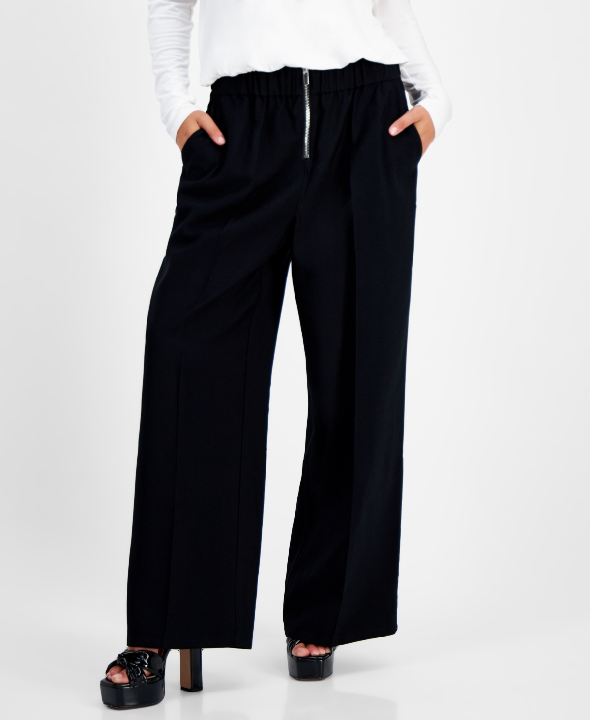 BAR III PETITE ZIP-FRONT HIGH RISE WIDE-LEG PANTS, CREATED FOR MACY'S 