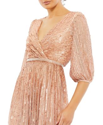 Women's Sequined Wrap Over 3/4 Sleeve Gown