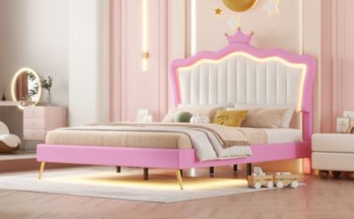 LED Upholstered Princess Bed with Crown Headboard