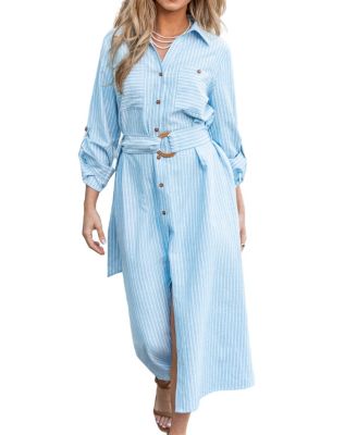 CUPSHE Women s Blue Striped Collared Front Button Midi Shirt Beach Dress Macy s