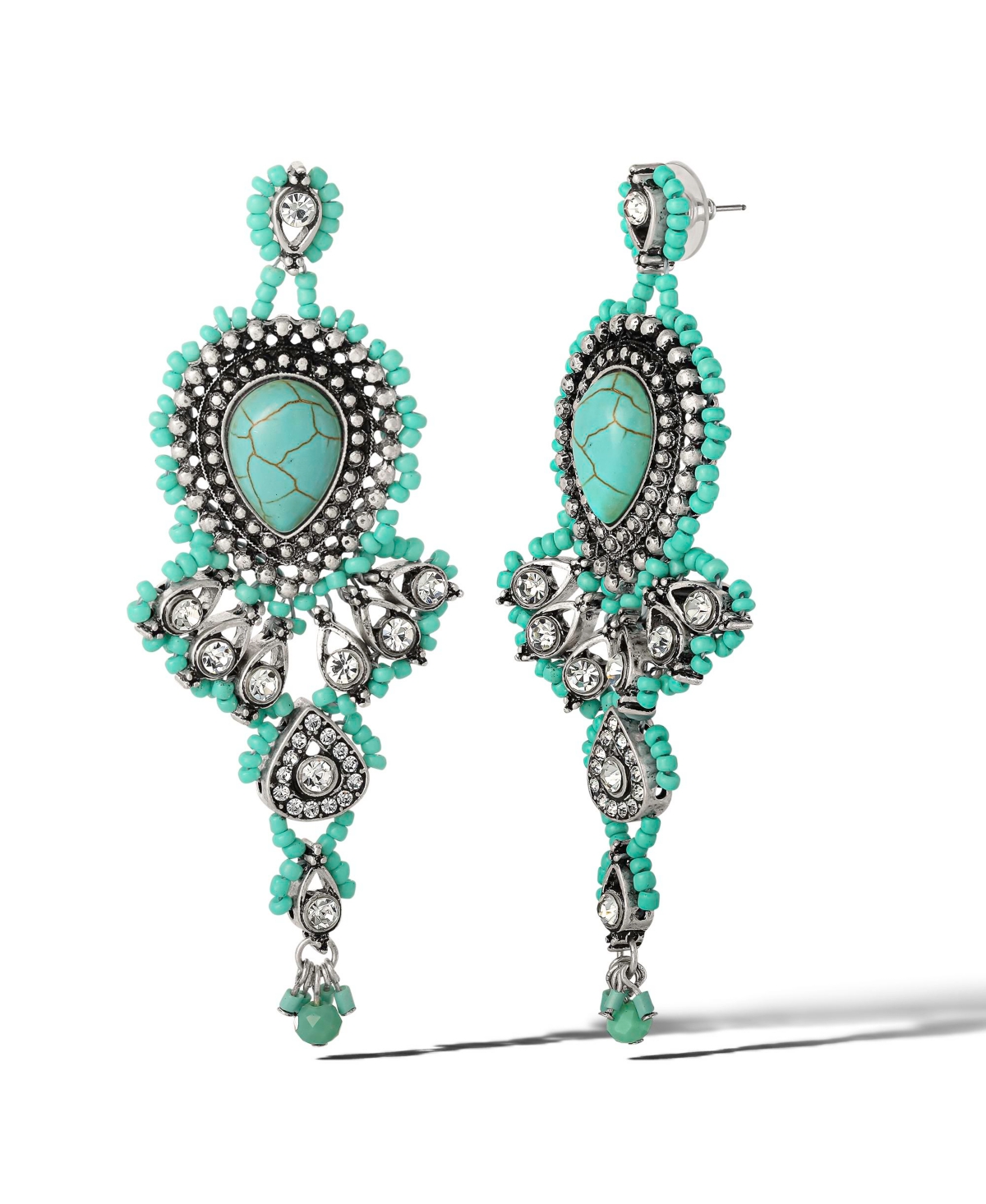 Turquiose Bead Statement Earrings - Silver tone, blue