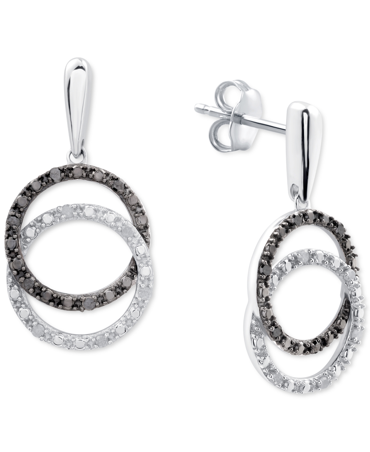 Macy's Black & White Diamond Interlocking Circle Drop Earrings (1/6 Ct. T.w.) In Sterling Silver In Sterling Silver