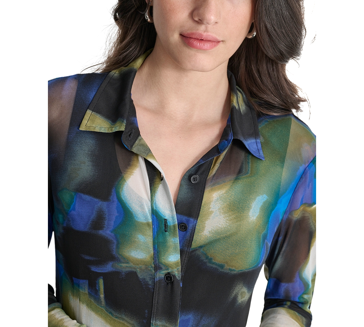 Dkny Petite Abstract-Print Button-Down Collared Mesh Shirt
