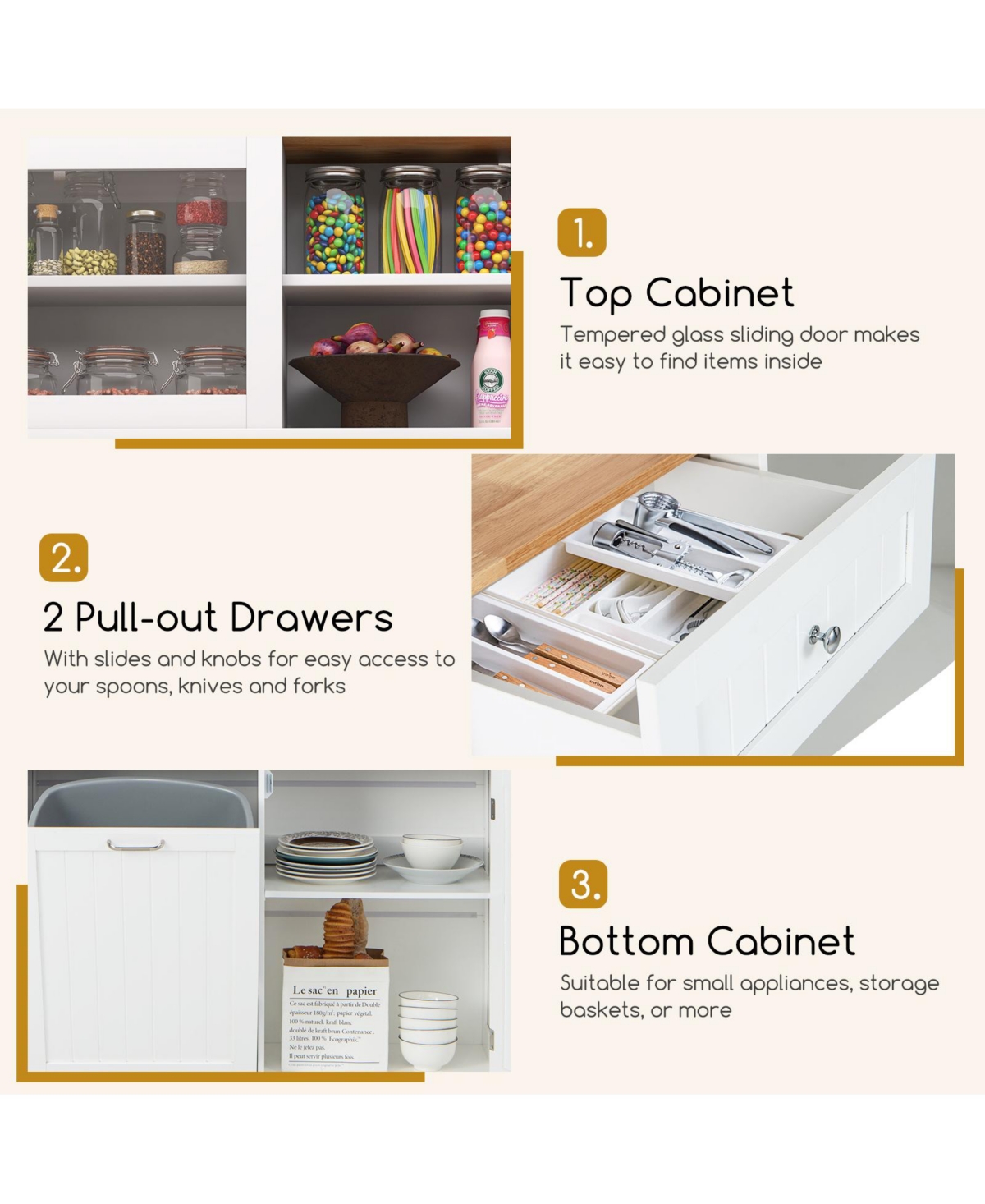 Skonyon Double Tilt Out Trash Cabinet with Hutch and Rubber Wood Countertop