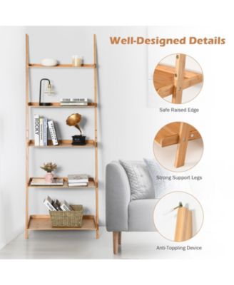 5-Tier Ladder Shelf Bamboo Bookshelf Wall-Leaning Storage Display Plant Stand-Natural