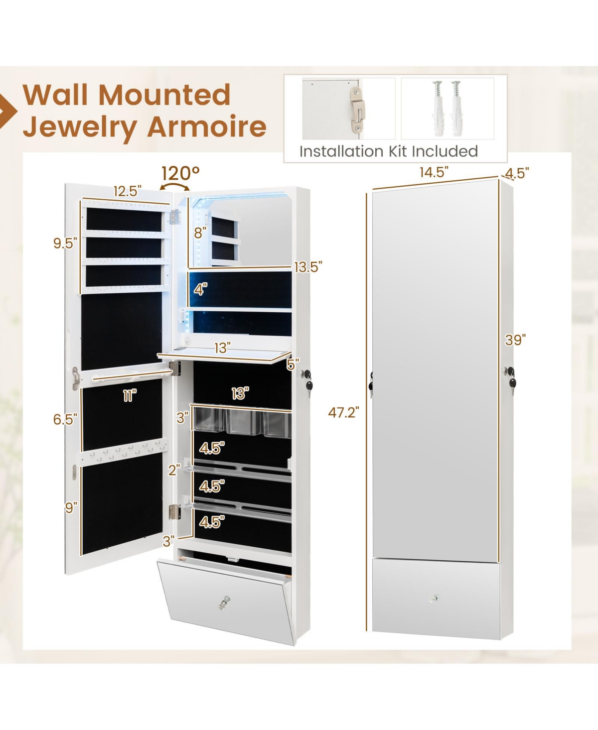 Skonyon Wall Mounted Jewelry Armoire Organizer with Full-Length Frameless Mirror- White