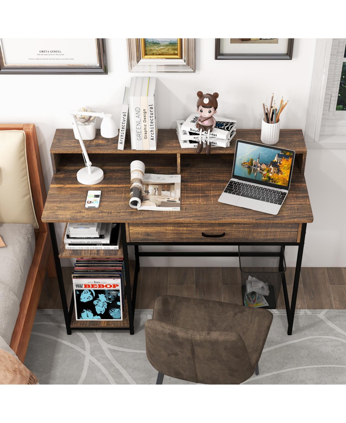 Skonyon 48 Inch Computer Desk with Monitor Stand Drawer and Shelves-Rustic Brown