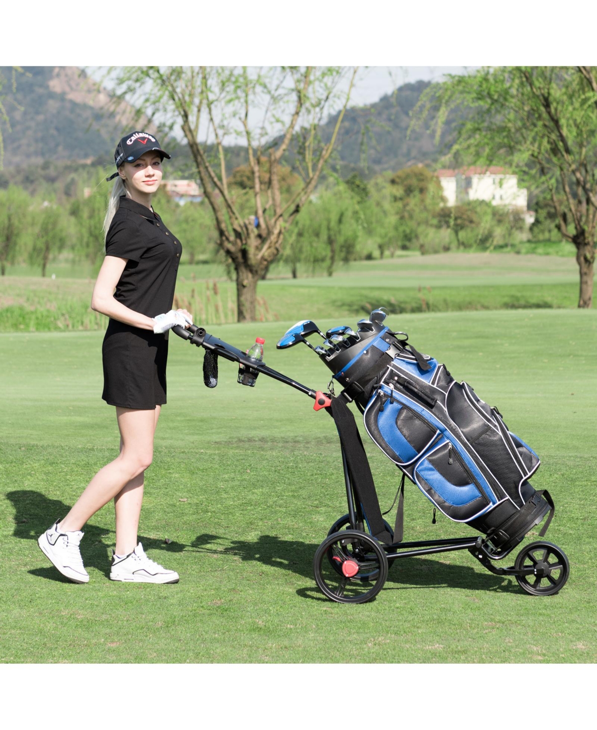 3 Wheel Durable Foldable Steel Golf Cart with Mesh Bag