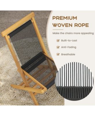 2 Piece Indonesia Teak Patio Folding Chairs with Woven Rope Seat and Back for Porch Backyard Poolside