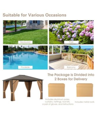 12 x10 Feet Outdoor Hardtop Gazebo with Galvanized Steel Top and Netting-Brown